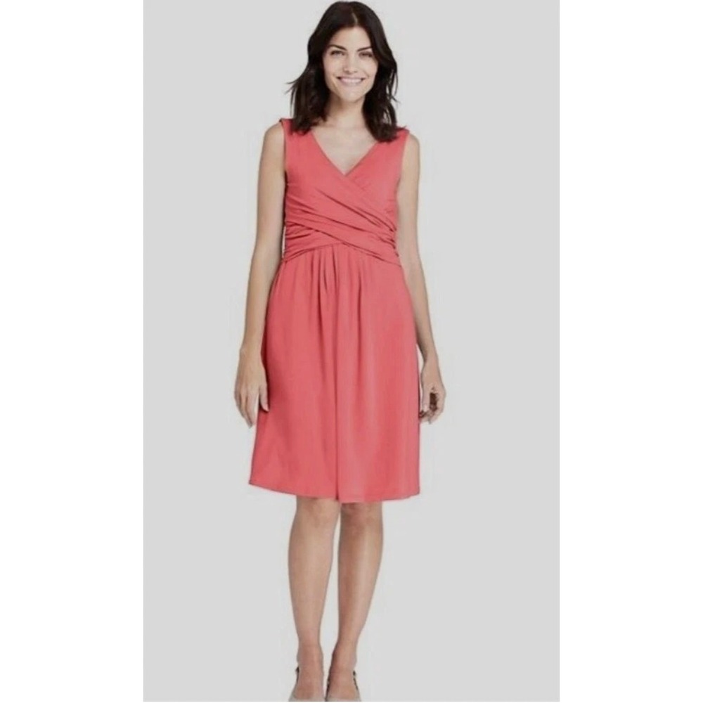 Lands End Womens Coral Orange Sleeveless V Neck Ruched Waist Midi Flare Dress XS